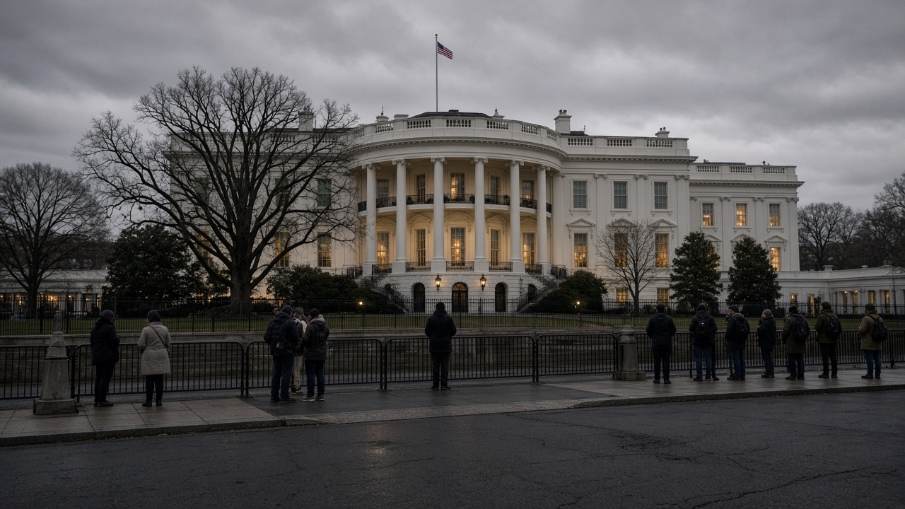 Evening view of the White House North Portico from Pennsylvania Avenue, overcast sky, sparse tourists behind barriers, no faces or readable text.