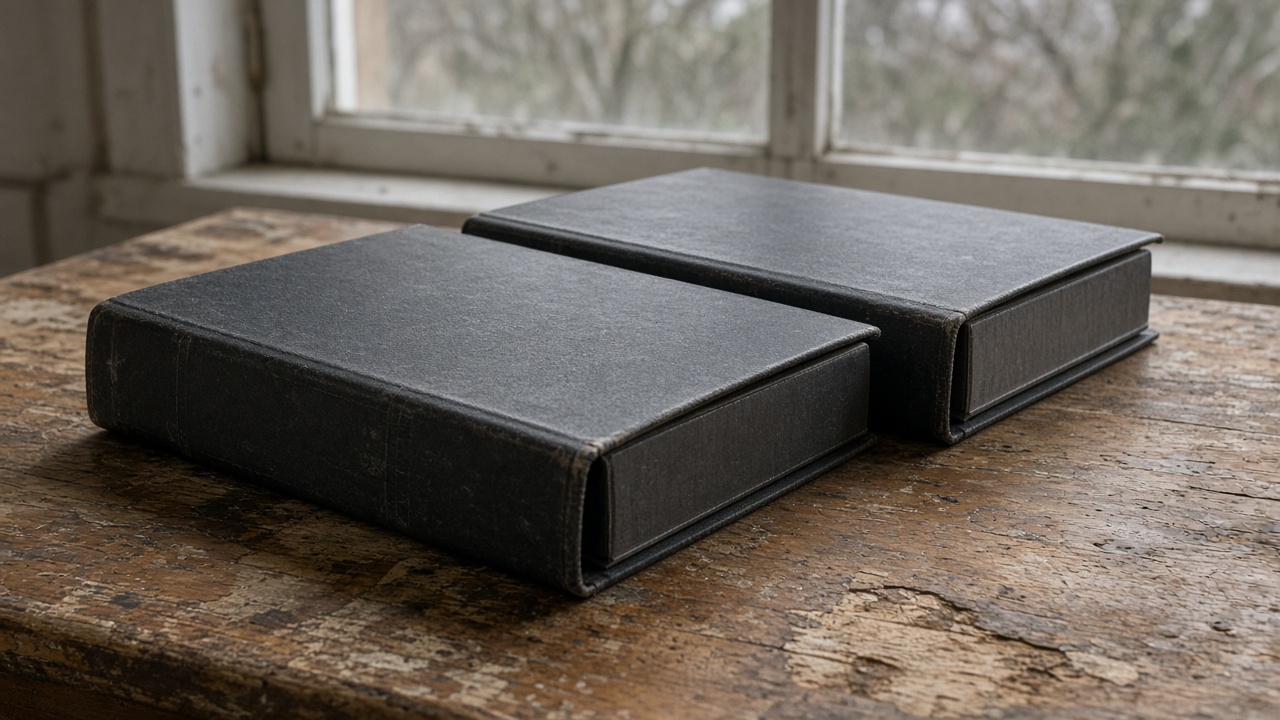 Two closed blank black ring binders on their sides on a wood table, overcast window light, no people, no logos, no readable text