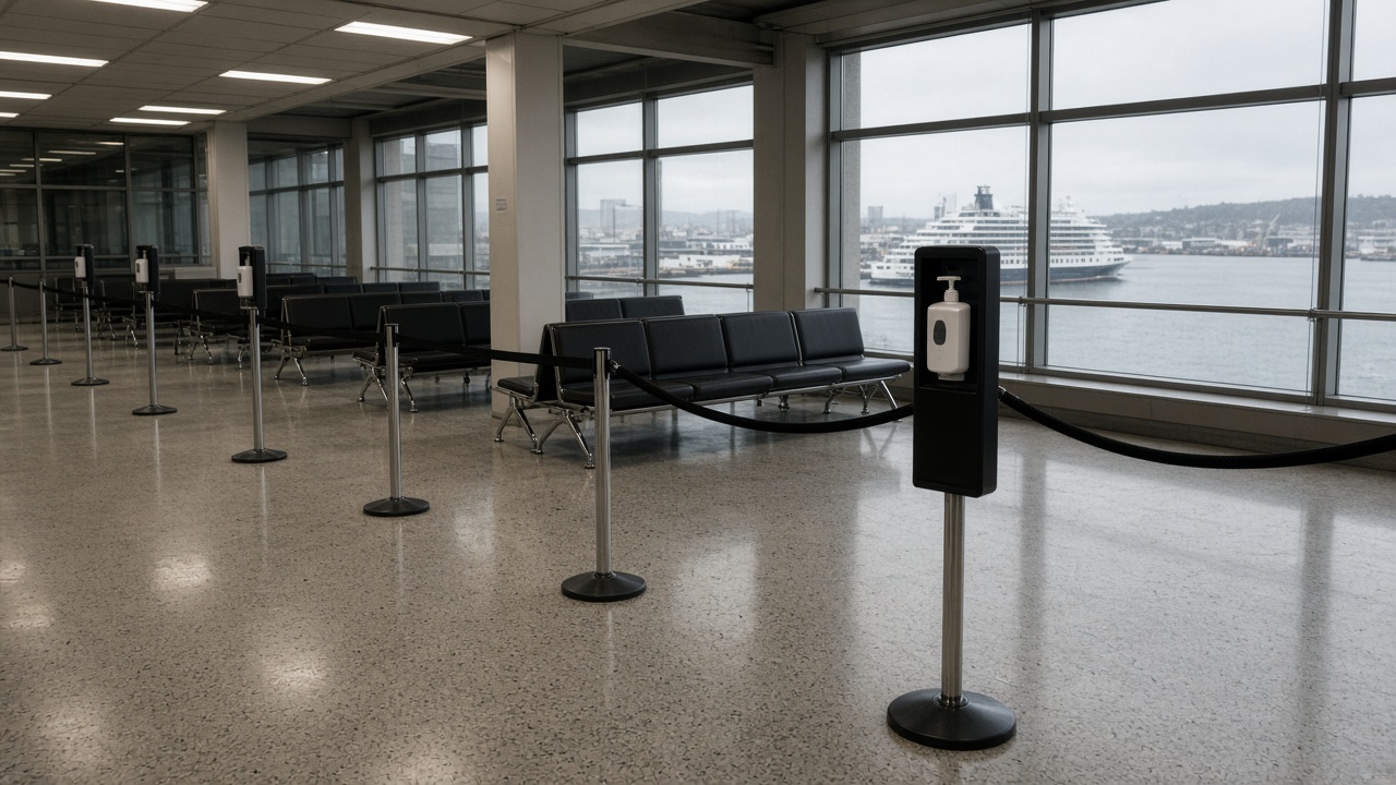 Cruise ship terminal concourse with hand sanitizer dispensers on stanchions and roped-off waiting benches, large windows onto a harbor, polished floor, no logos or readable text
