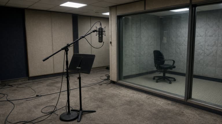 Dubbing studio in Mumbai with voice booth glass, microphone and script stand under fluorescent light, cables on worn carpet, no logos or readable text