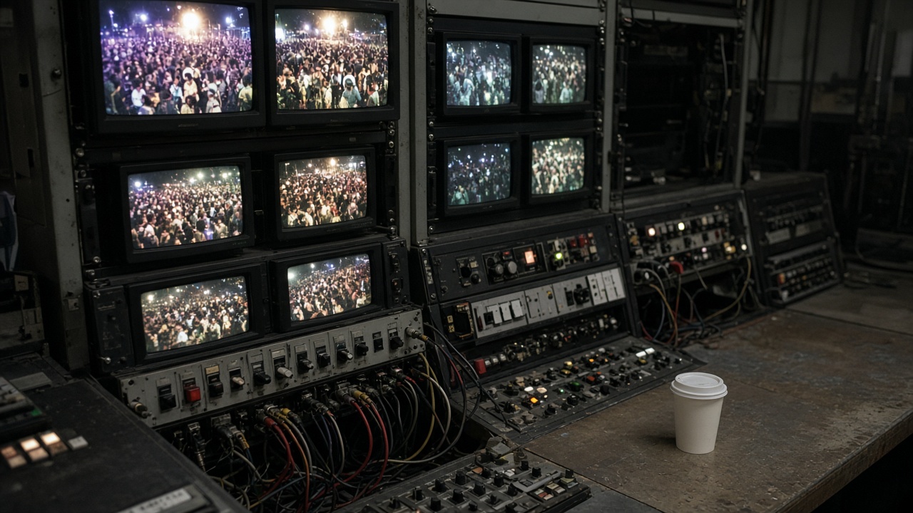 Broadcast control room with rack monitors showing garba crowd feeds, toggle switches and patch cables under dim overhead light, worn desk surface and coffee cup without visible channel logos, no readable text