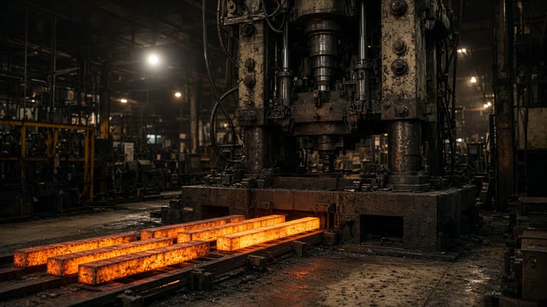 Industrial forge press and glowing steel billets on a factory floor in a tier-2 Indian manufacturing town, sodium lighting and oil-stained concrete, no logos or readable text
