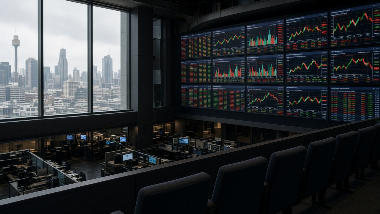 Empty stock exchange gallery overlooking a row of glowing market data screens in Sydney, overcast daylight through windows, no logos or readable text