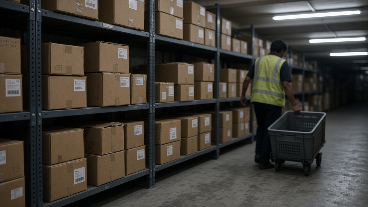 Quick-commerce dark store aisle in India with metal shelving stacked with grocery cartons, a worker in a reflective vest pushing a plastic crate, cold fluorescent tubes and scuffed epoxy floor, no logos or readable text