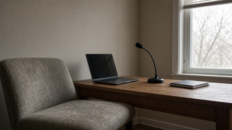 Side angle of a home office deposition setup with a laptop on a wooden desk, neutral wall background, court reporter microphone on a stand, afternoon window light, worn chair fabric, no logos or readable text