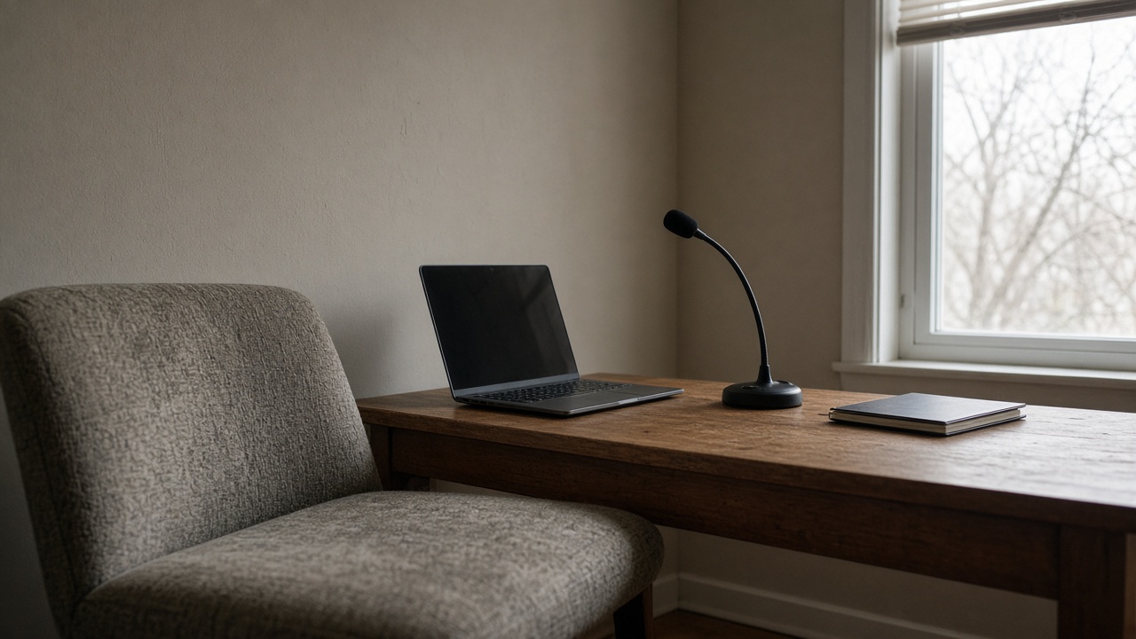 Side angle of a home office deposition setup with a laptop on a wooden desk, neutral wall background, court reporter microphone on a stand, afternoon window light, worn chair fabric, no logos or readable text