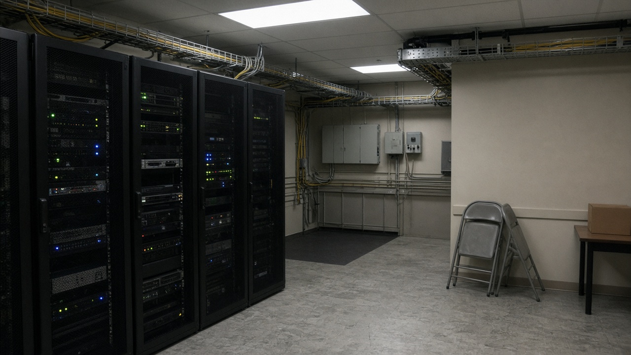 A small municipal server room with blinking rack lights and cable trays, linoleum floor and folding chairs stacked in the corner, fluorescent ceiling panels, no logos or readable text