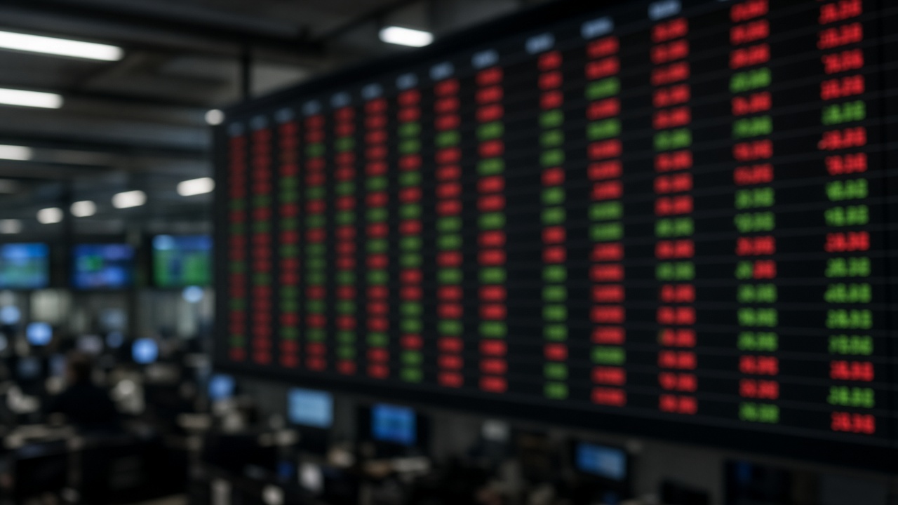 Electronic stock price board with red and green numbers blurred in a trading room, overhead fluorescent light, no logos or readable text