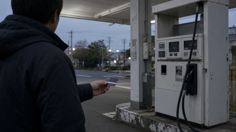 Japanese suburban petrol station canopy at dusk with a customer holding a generic loyalty card, pump numbers blurred and no logos or readable text