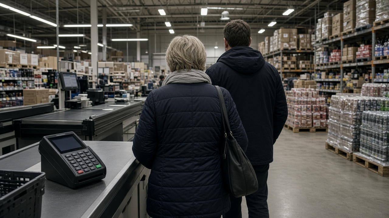 Warehouse supermarket checkout with wide aisles, pallet displays and card terminal on counter, shoppers from behind, cool fluorescent light, no logos or readable text