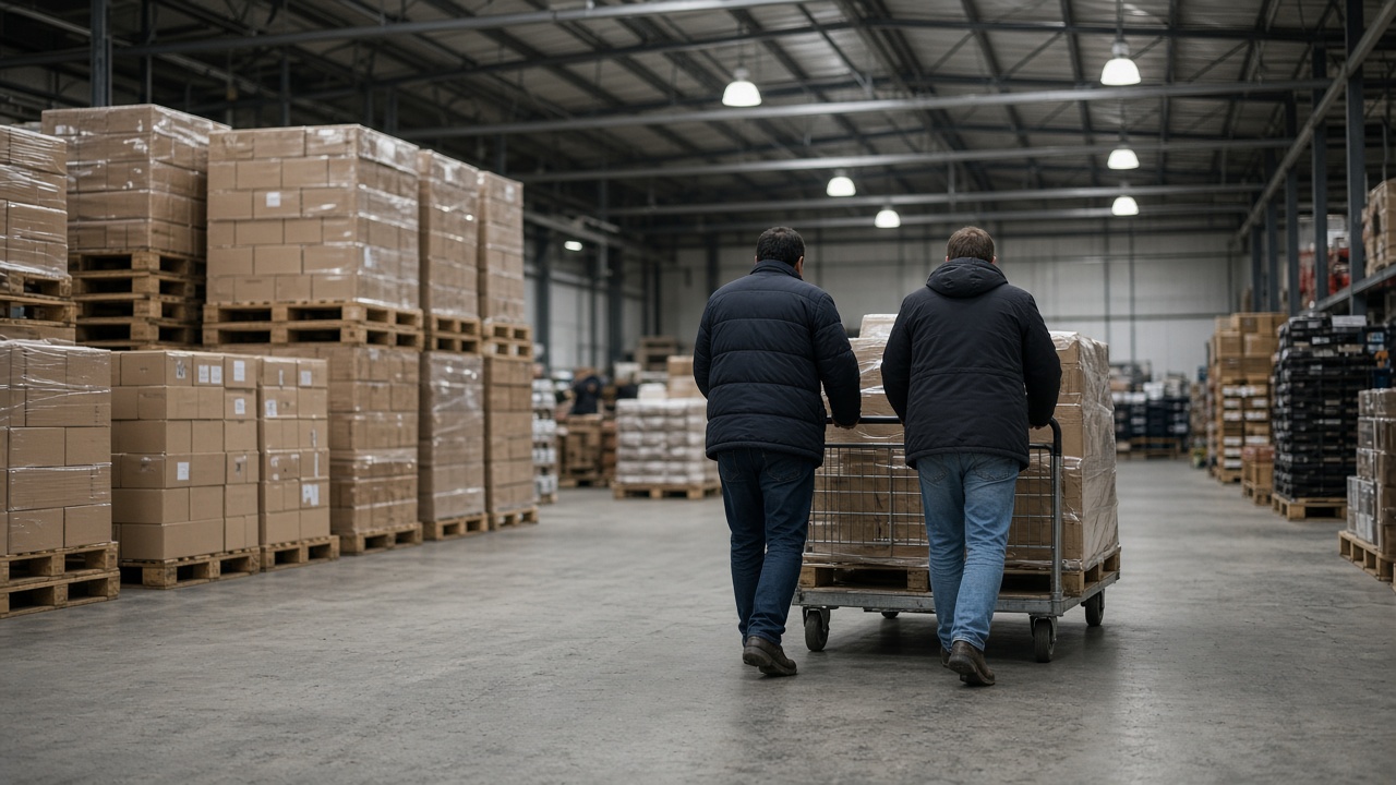 Wide-aisle warehouse store interior with pallet stacks and bulk goods, shoppers pushing flat carts from behind, industrial ceiling lights, no brand logos or readable text on packaging