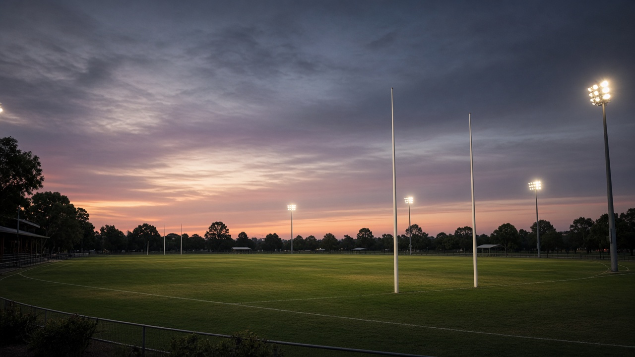 Empty Australian rules football oval with white goal posts at dusk, stadium lights just turning on, no players or logos visible