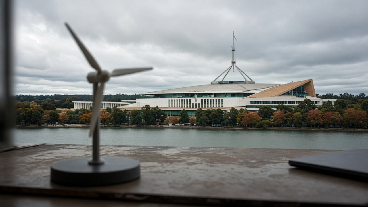 Parliament House Canberra seen from across Lake Burley Griffin with a wind turbine model on a desk foreground out of focus, overcast autumn light, no logos or readable text