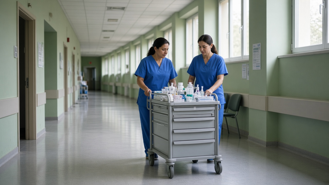 Outpatient clinic corridor in a large public hospital, nurses pushing a medicine trolley, pale green walls, natural light from high windows, no logos or readable text