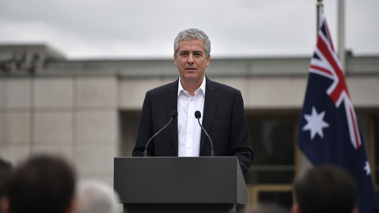 Australian prime minister lectern with microphones in a Canberra courtyard press conference, grey sky, Australian flag blurred in background, no readable text on lectern