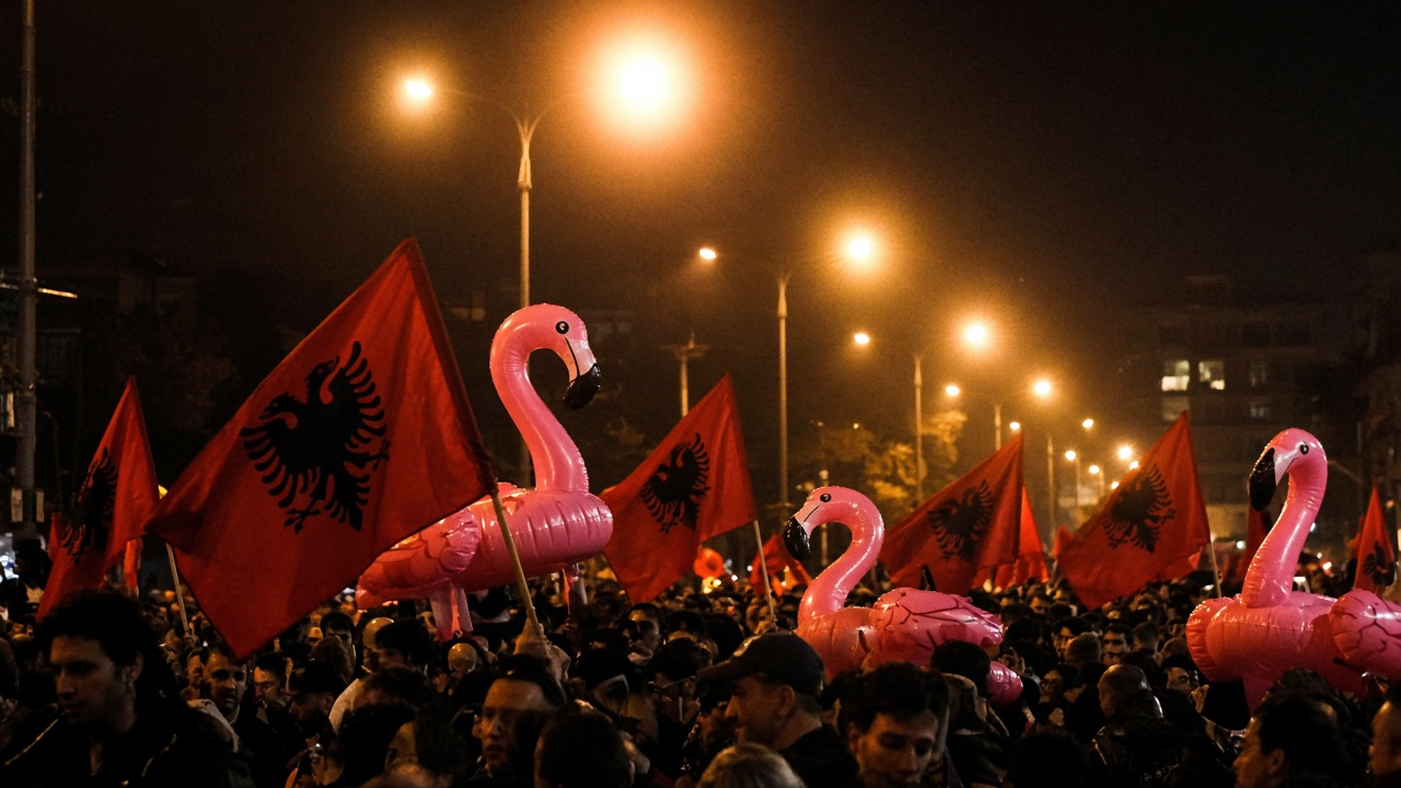 Night crowd in Tirana holds inflatable pink flamingos and Albanian flags under streetlights during the Flamingo Revolution protest march