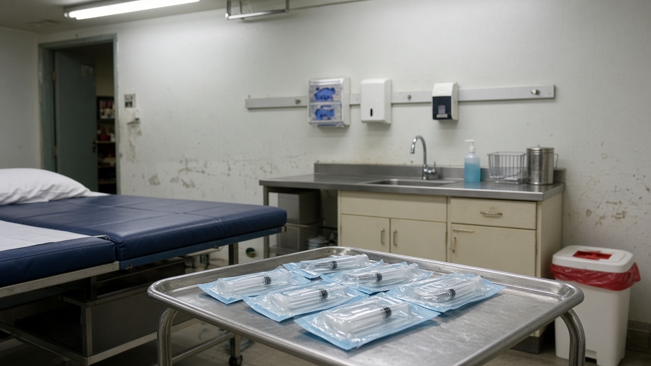 Rural medical clinic treatment room with sealed syringe packaging on a stainless tray, fluorescent light, no identifiable patients or readable labels