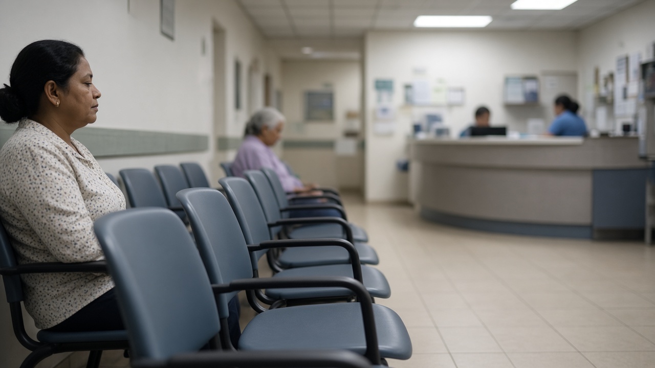 Neighborhood clinic waiting area with plastic chairs and a blurred reception desk, fluorescent lighting, no logos or readable text