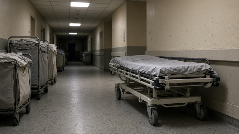 Hospital corridor with a folded patient trolley and stacked linen carts under harsh ceiling lights, no patients or faces, no logos or readable text