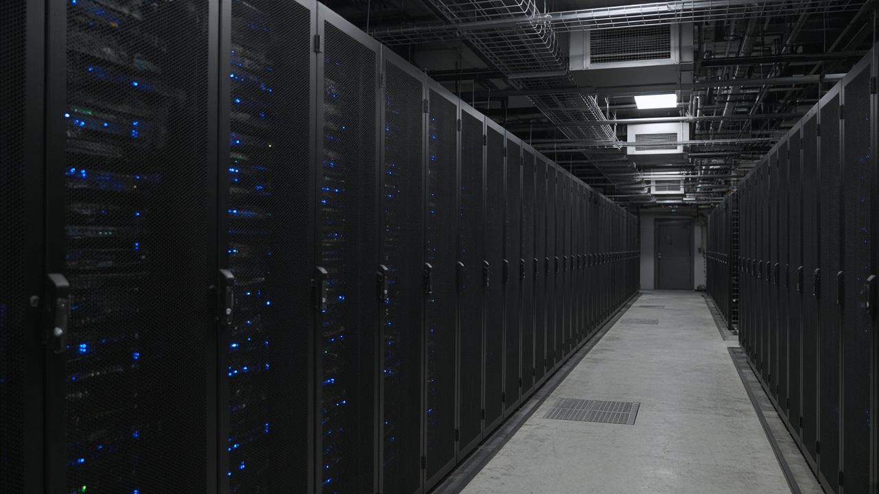 Interior of a hyperscale data centre aisle with server racks and blue LED status lights, overhead cable trays and chilled air vents, no logos or readable text