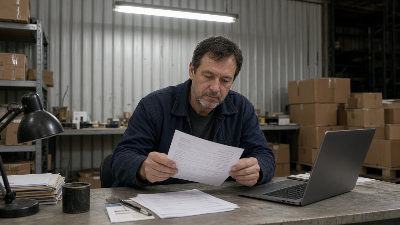 Small business owner at a warehouse desk reviewing a paper invoice beside an open laptop, corrugated steel walls, fluorescent light, no logos or readable text