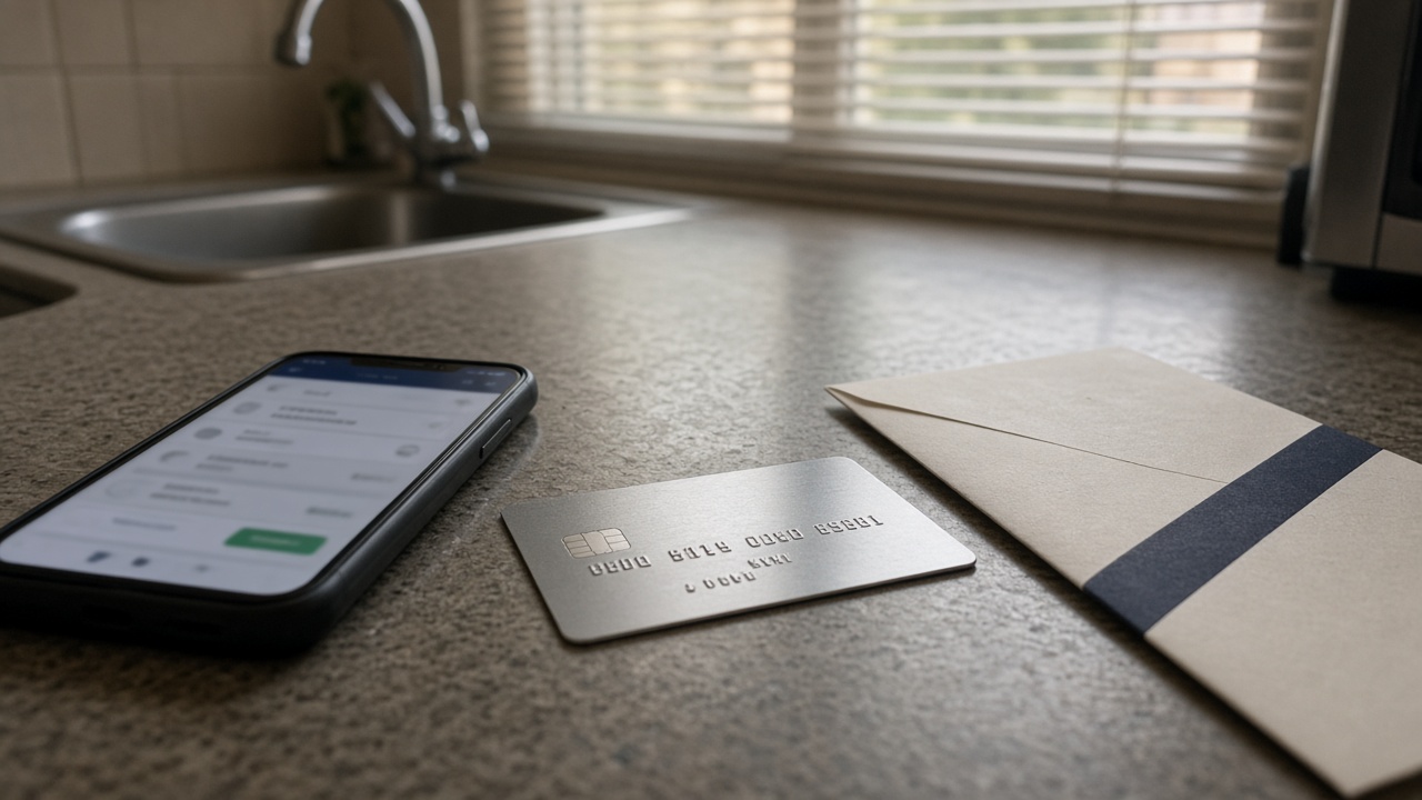 A platinum-coloured credit card resting on a kitchen bench beside a airline loyalty envelope and a smartphone banking app glow, morning light through venetian blinds, no readable text on card or screen