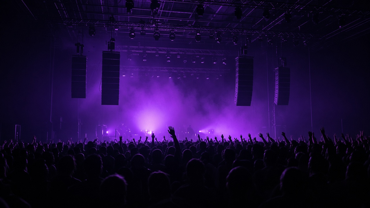 Indoor concert hall with purple stage lighting, silhouetted crowd with raised hands, overhead rigging and speaker arrays, haze in the air, no faces identifiable and no readable text