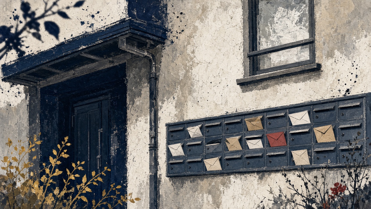 A Japanese rental apartment building facade with paper renewal notices visible in mailbox slots