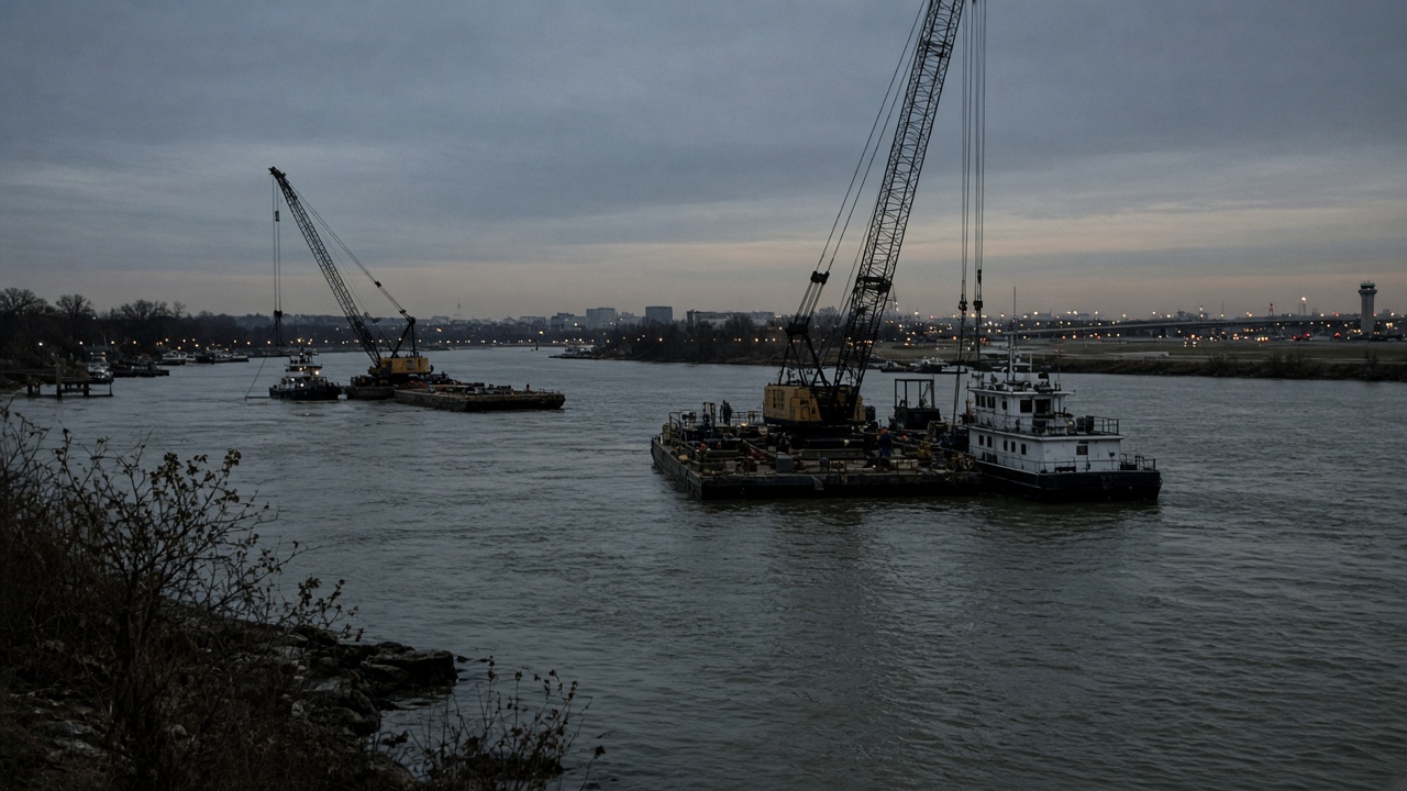 Recovery cranes and boats work on the Potomac River near Reagan National Airport after the January midair collision, viewed from the Arlington shoreline at dusk.