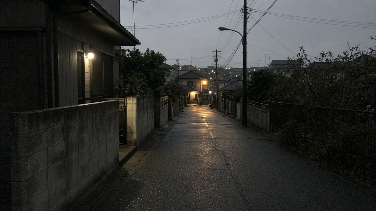 Pre-dawn street in Chiba Prefecture with porch lights on after residents felt intensity-4 earthquake shaking