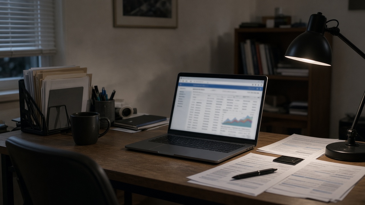 A home office desk with an open laptop showing a blurred financial webpage and scattered printed statements under a desk lamp, evening interior, no readable text on screen