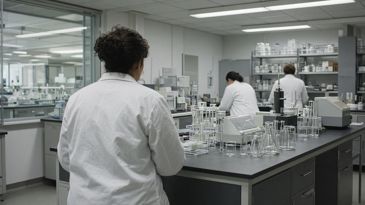 Interior of a pharmaceutical research lab in Cambridge with bench equipment, glassware and muted fluorescent lighting, researchers in lab coats seen from behind, no logos or readable text
