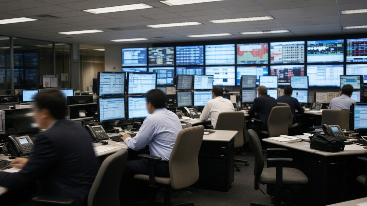 Wide view of an Australian stock exchange dealing room with traders at desks facing rows of market monitors, fluorescent lighting, slight motion blur, no readable text on screens