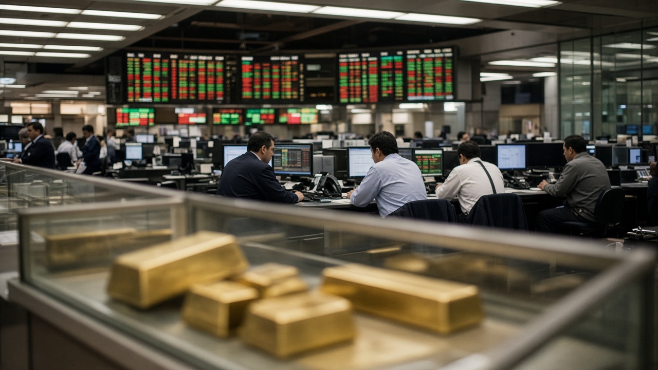 ASX trading floor gallery with brokers at desks and share-price monitors glowing green and red, a display case with gold ingots in the foreground out of focus, fluorescent office lighting, no logos or readable text