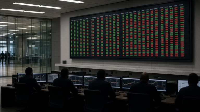 Wide shot of an electronic equities board in a Sydney brokerage lobby with green and red ticks, traders silhouetted at desks, fluorescent lighting, no logos or readable text