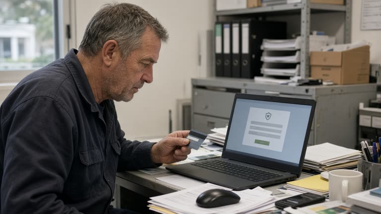 A small-business owner at a cluttered desk holds a credit card over a laptop showing an Australian Taxation Office payment screen in a suburban office.