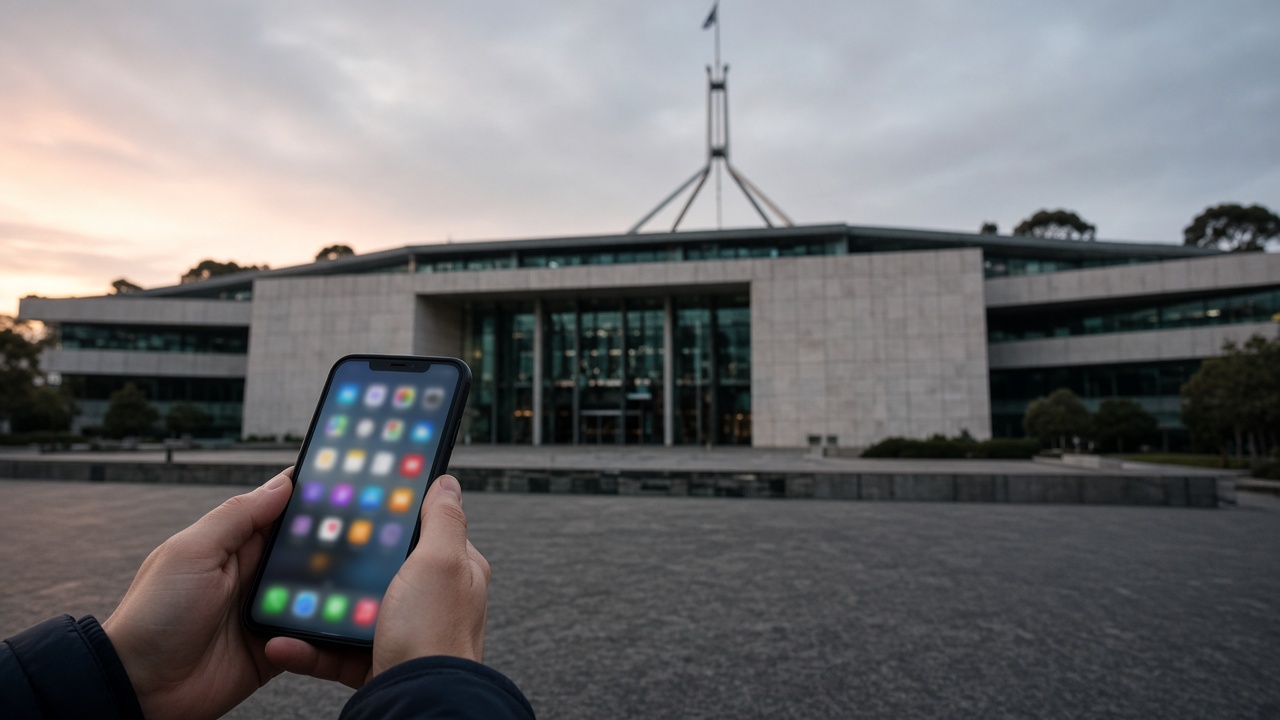 Australian Parliament House facade at dawn with smartphones in the foreground showing social media app icons on a teenager's home screen.