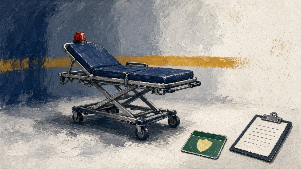 Editorial illustration of a green Medicare card resting on an ambulance stretcher beside a clipboard listing excluded services