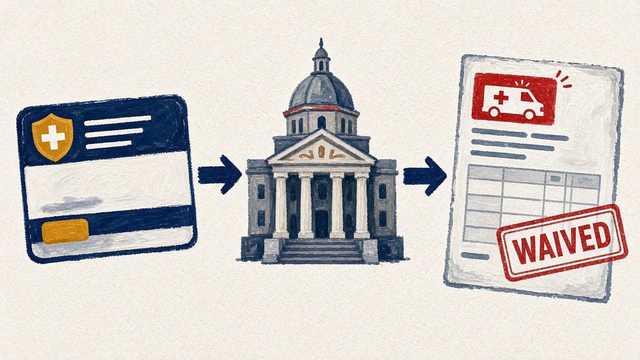Editorial illustration of arrows from a private health insurance card to a state treasury building and then to a waived ambulance invoice