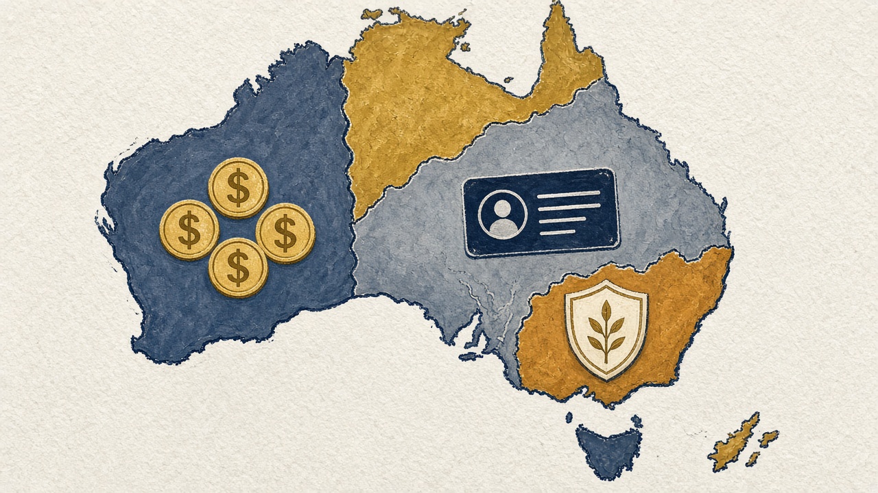 Editorial map of Australia with eight regions labelled by different ambulance funding models