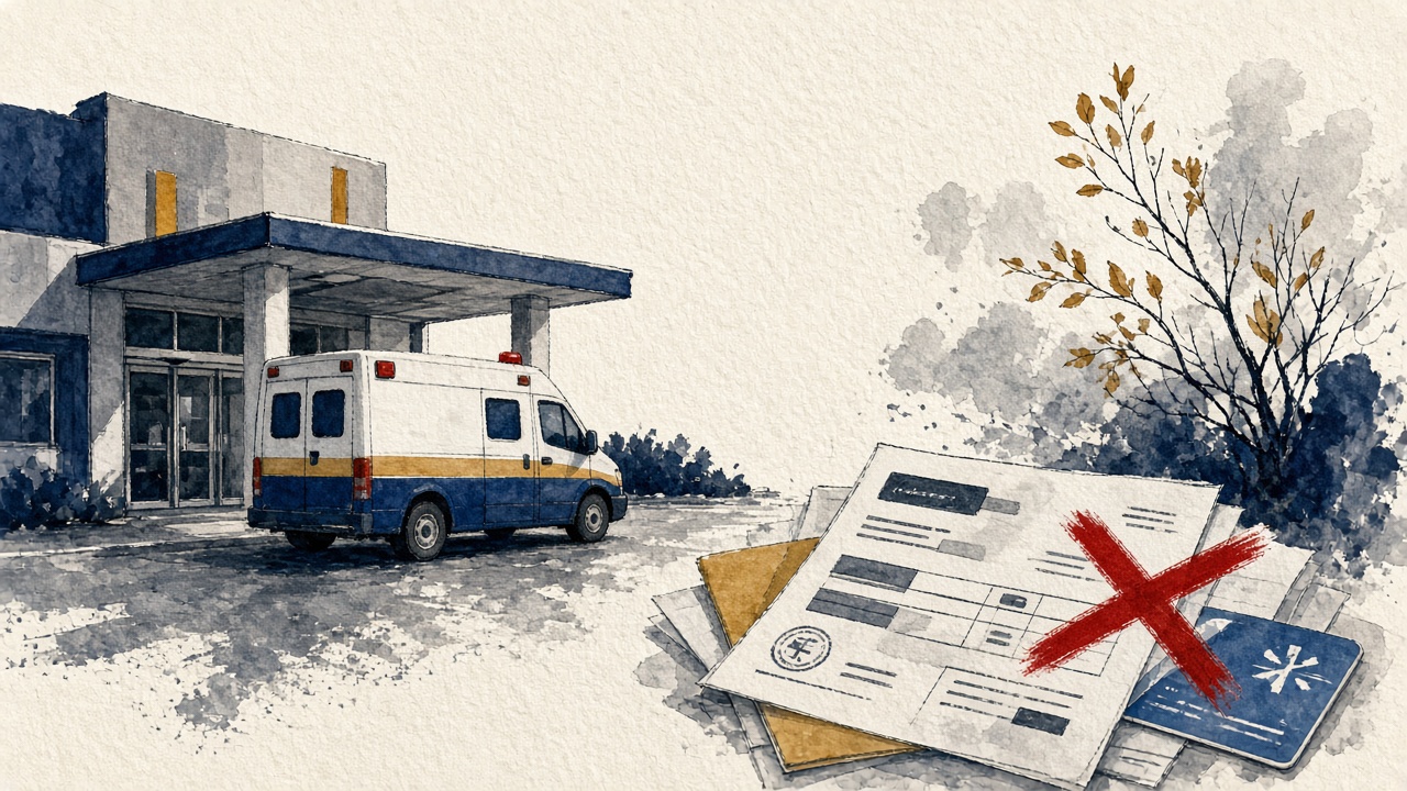 Editorial illustration of an ambulance at a hospital emergency entrance with a Medicare card shown crossed out on a fee invoice
