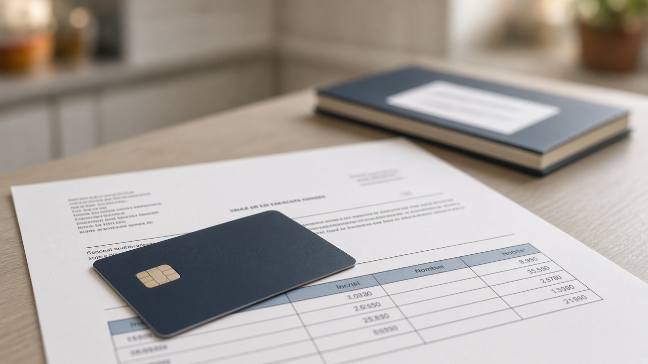 Close view of a credit card resting on a paper statement at a kitchen table, soft morning light, blurred bank passbook in background, no readable account numbers or logos.