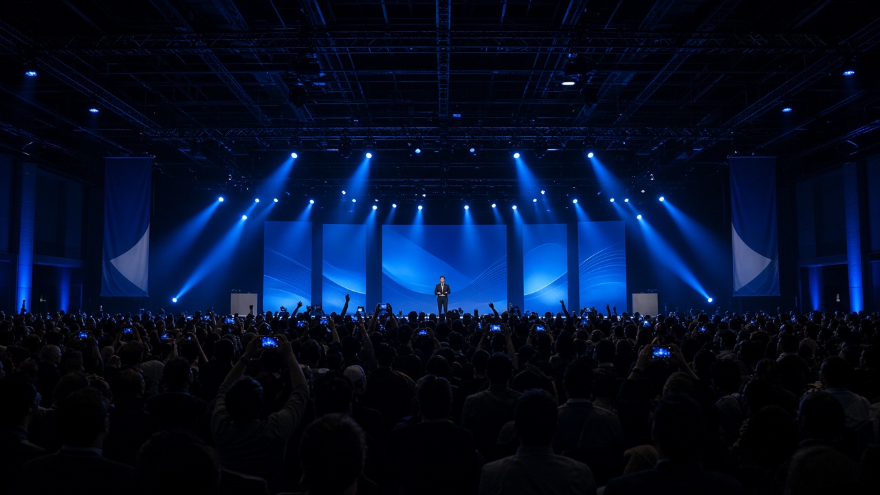 Large conference hall with blue stage lighting, audience silhouettes holding phones aloft, banners without readable text, wide angle documentary framing