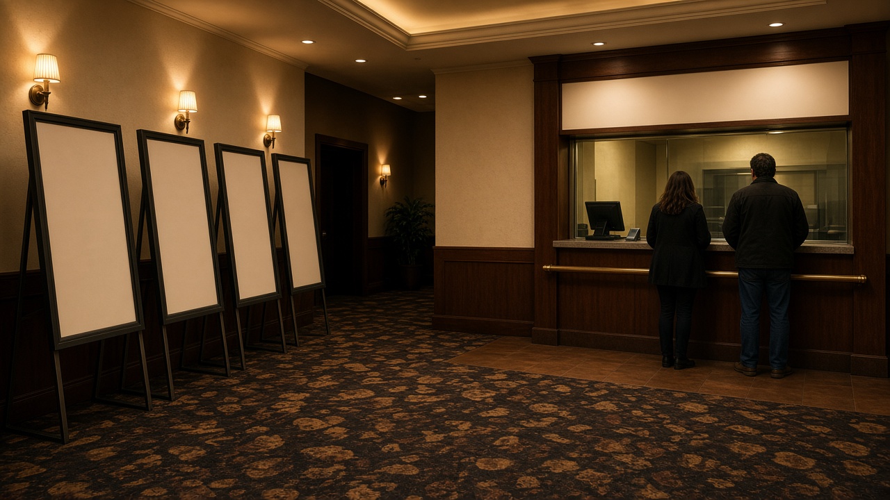 Regional movie theater lobby with blank poster stands and ticket window, warm tungsten accents, few patrons seen from behind, no logos or readable text