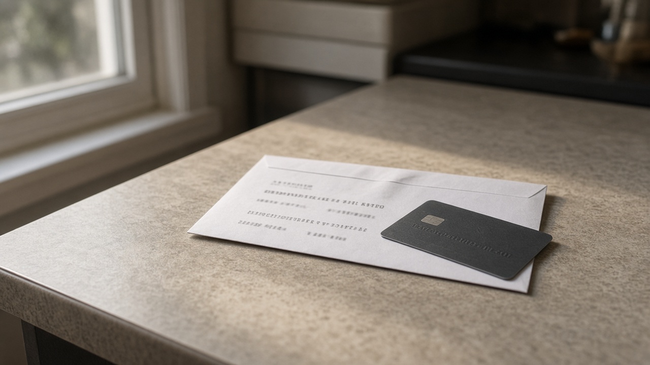 Credit card statement envelope and plastic card on a kitchen laminate bench, afternoon window light, numbers on paper blurred and unreadable, no bank logos