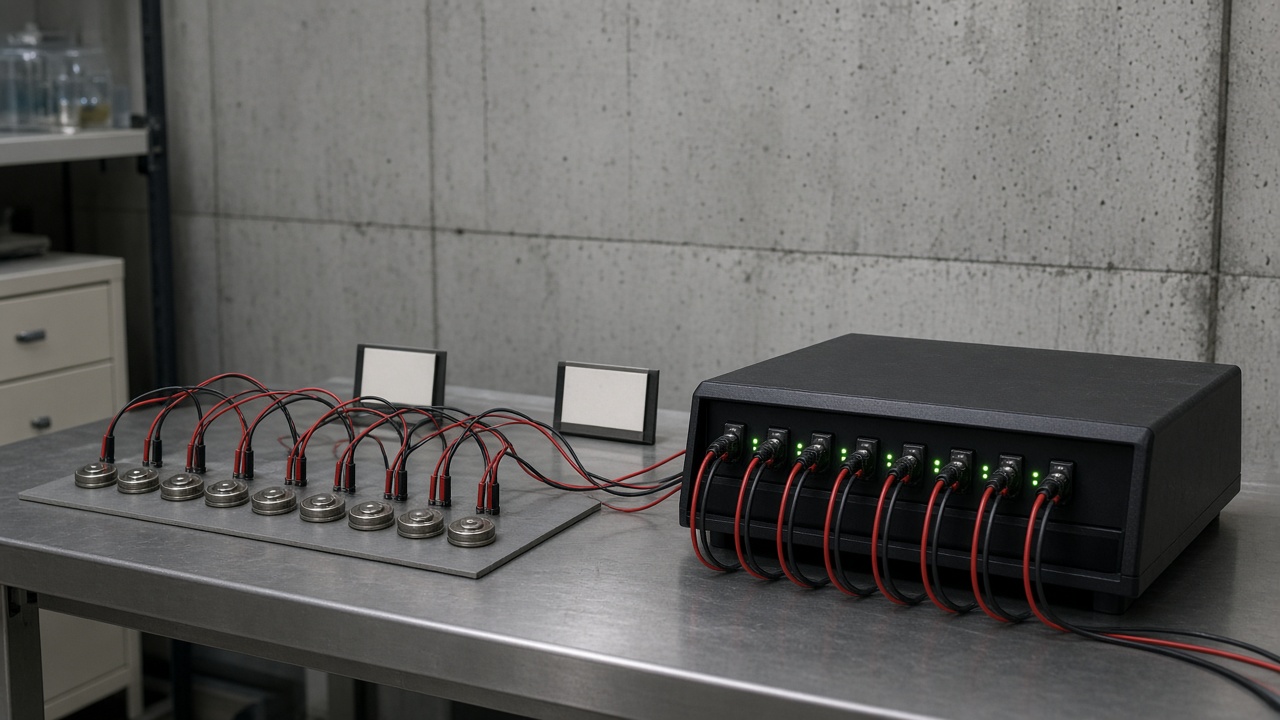 Laboratory bench with coin-cell batteries wired to a cycler, concrete shielding wall and warning placards without readable text, cool fluorescent light