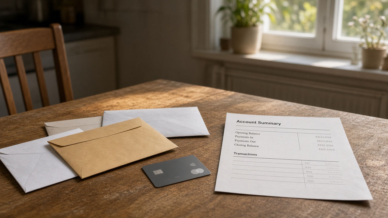 Kitchen table with unopened post envelopes and a contactless card beside a paper statement, afternoon window light, no readable account numbers or logos