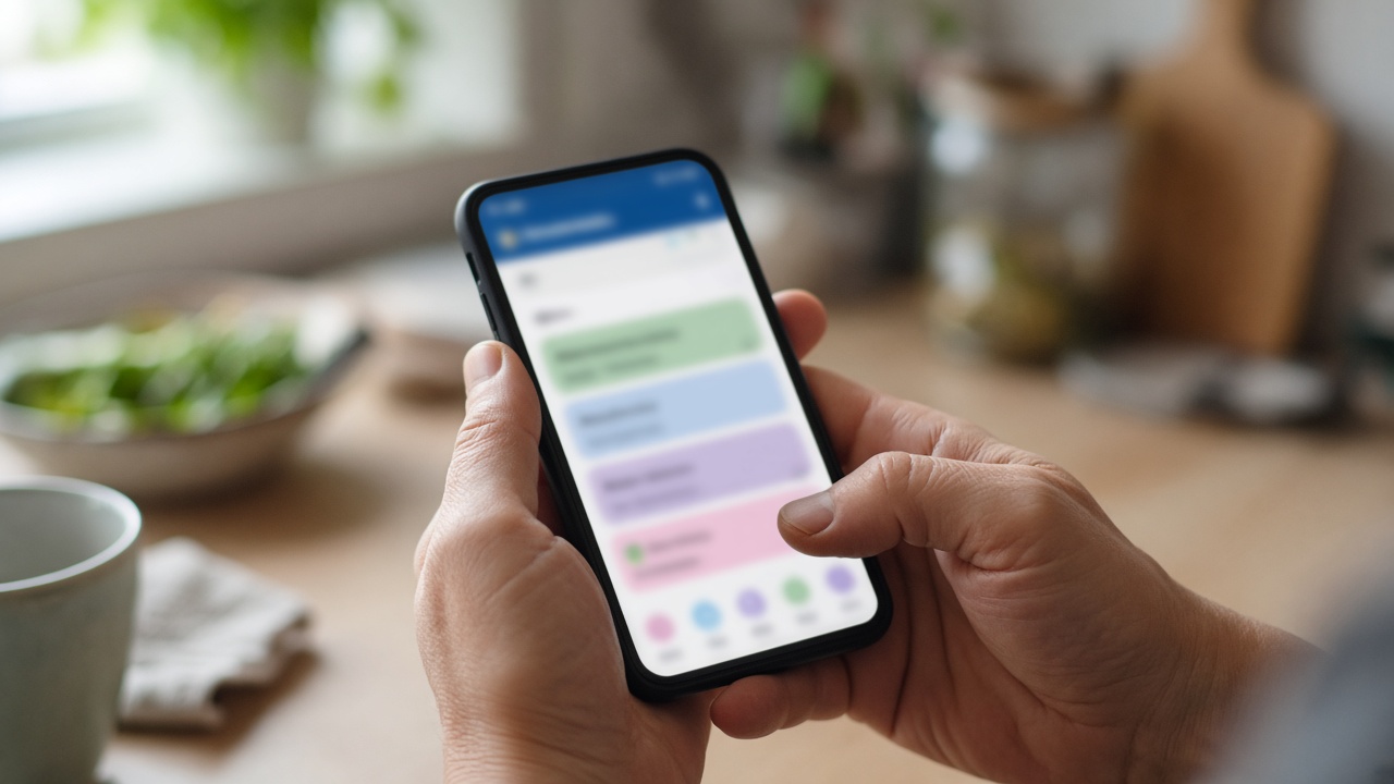 Close-up of hands holding a smartphone with a banking app screen showing blurred colourful interface, kitchen table background, soft daylight, no readable text or logos