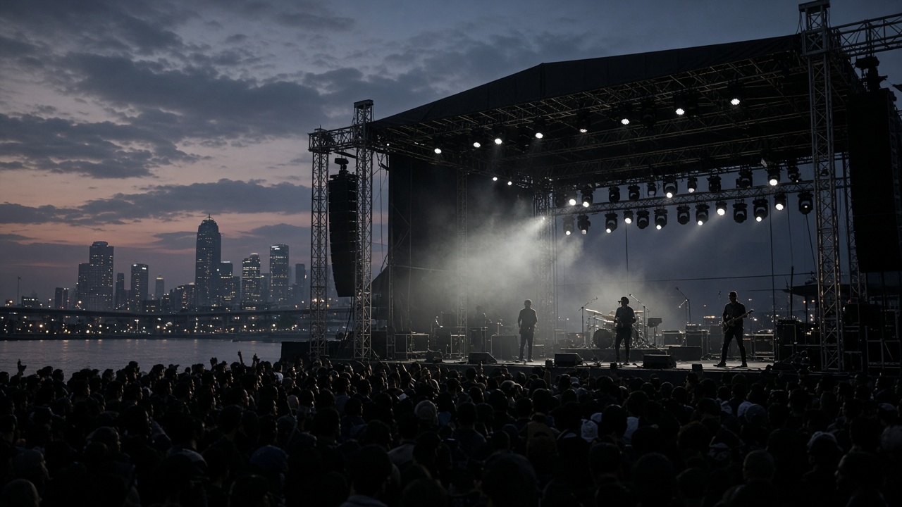 Outdoor concert stage at Marina Bay with hazy skyline and stage lights at dusk, distant crowd silhouettes without recognizable faces, no logos or readable text