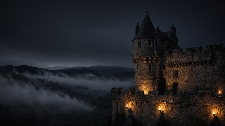 Scottish castle turret at night with torchlight on stone walls, fog in the valley, cinematic documentary framing without people visible, no logos or readable text